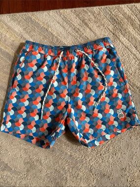 Psycho Bunny Blue, Coral & White Wave-Pattern Swim Trunks EUC